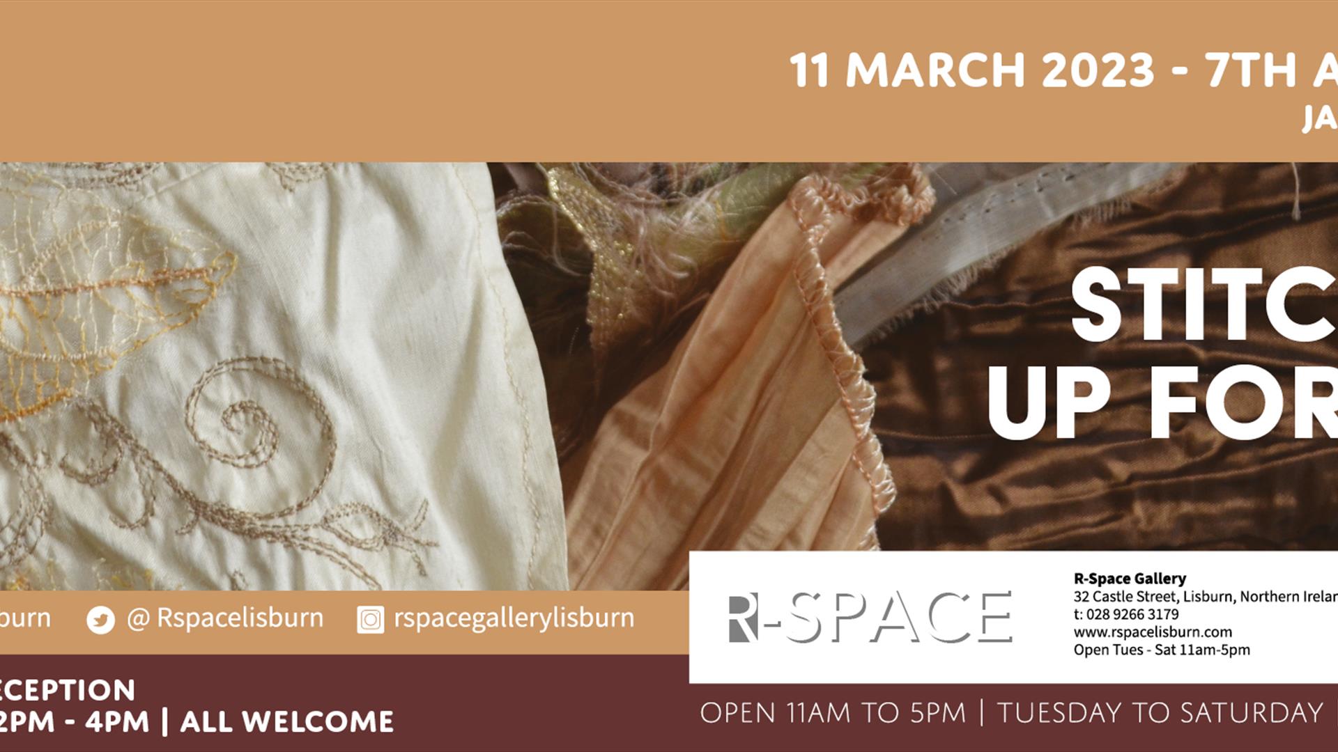 Image is poster advertising Stitch Me Up For Life exhibition by artist Janet Hackney