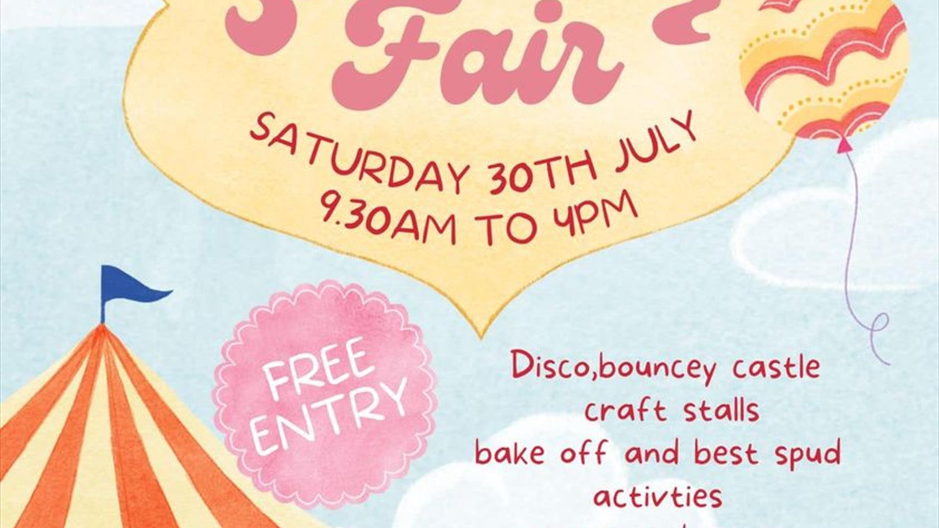 Image is a poster advertising the Summer Fair at Hillsborough Village Centre