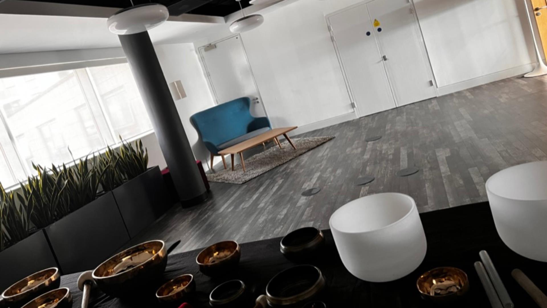 image of room with table laid with food.