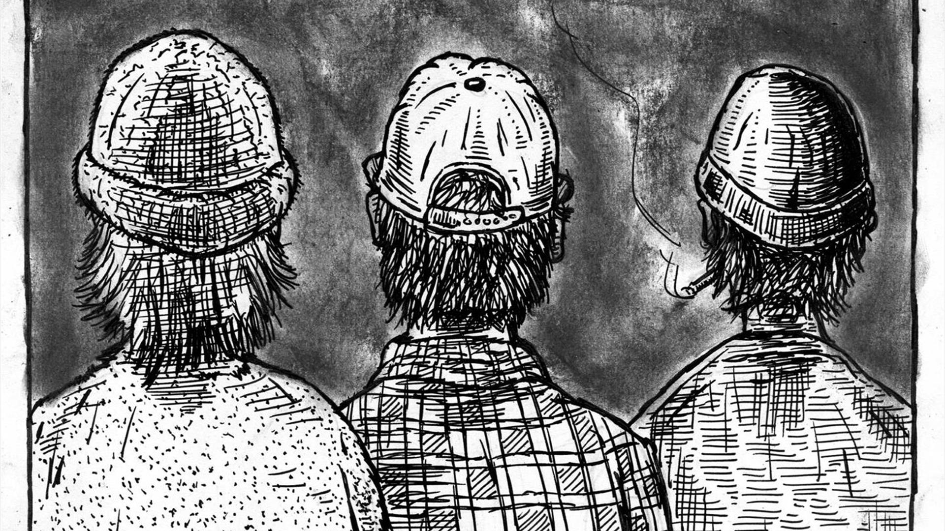 The back view of 3 men wearing baseball hats