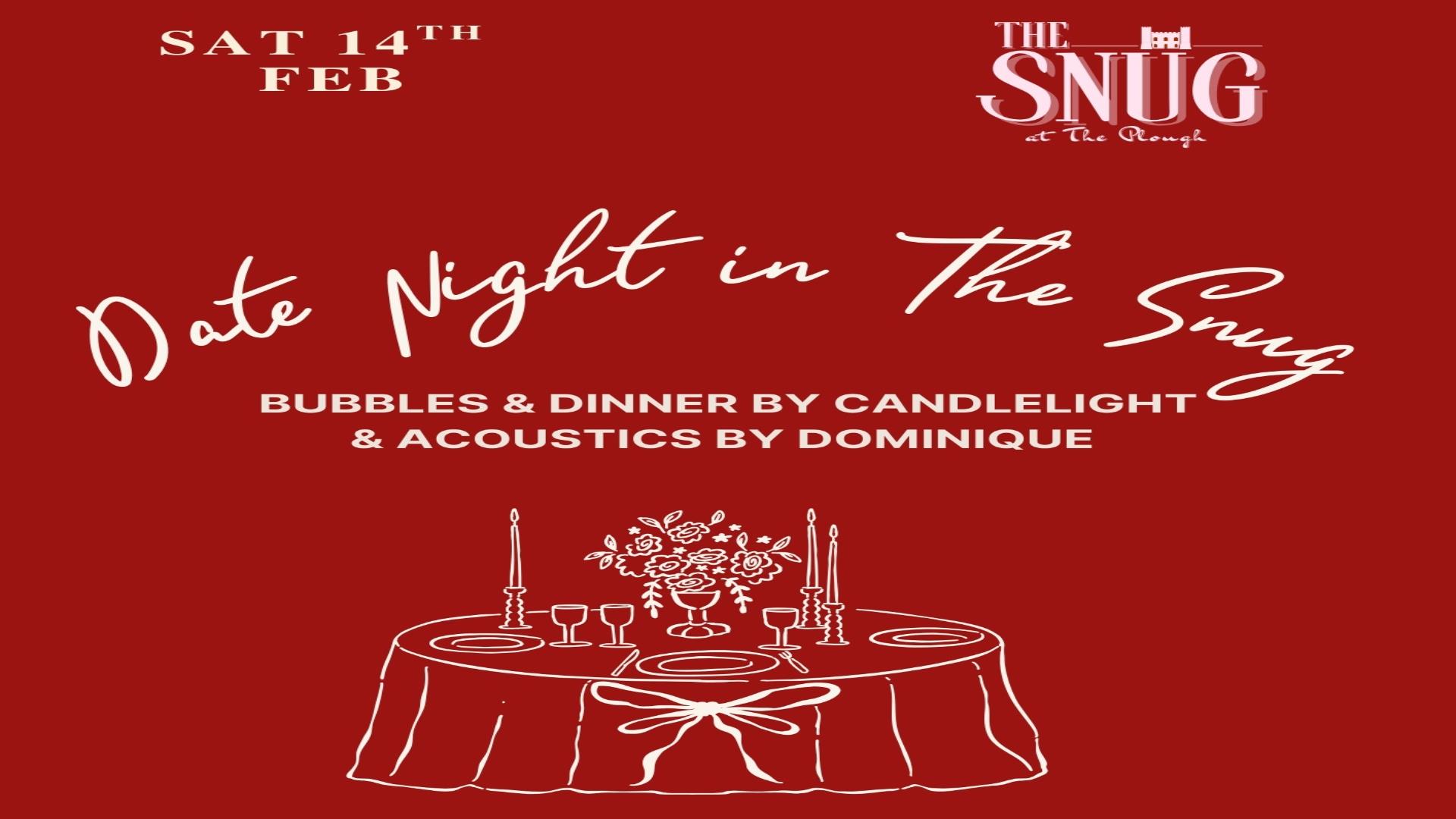 Image shows red poster advertising Date Night in The Snug, The Plough Hillsborough.  Saturday 14th February.