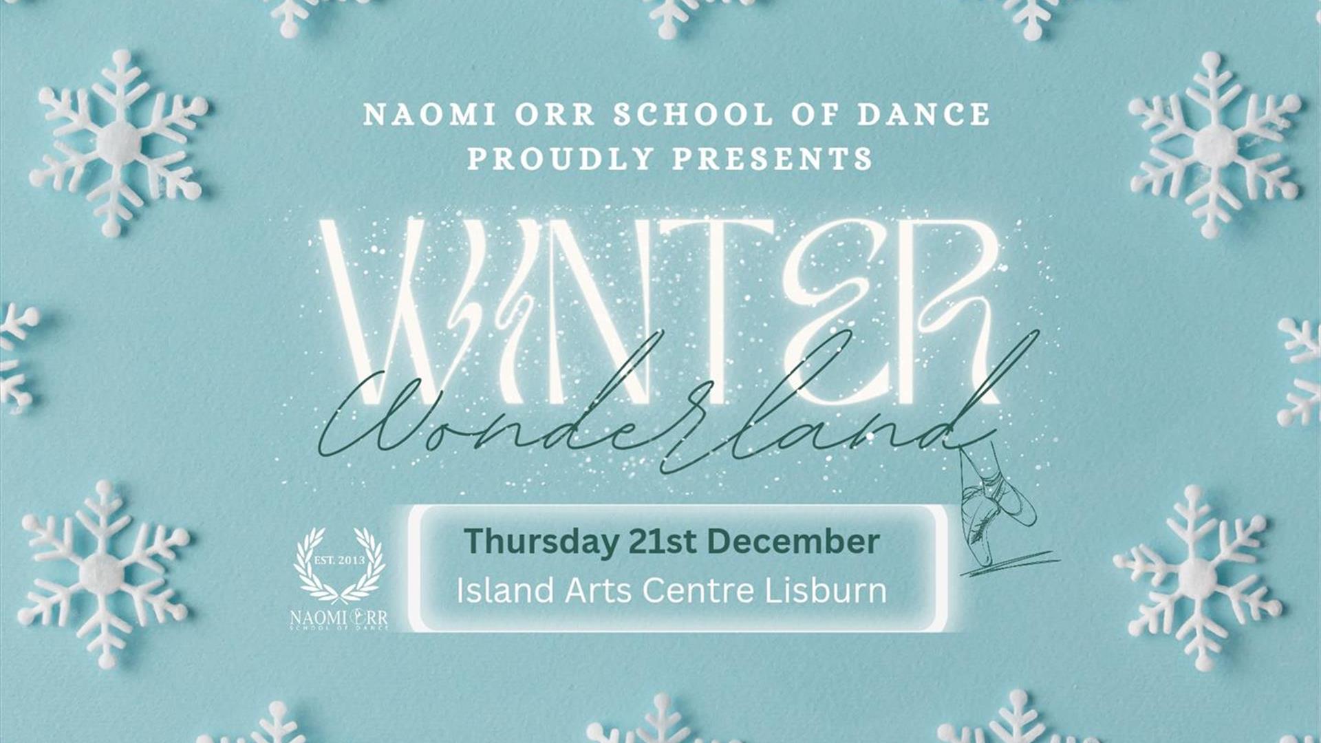 Poster with snow flakes on it featuring Naomi Orr School of Dance
