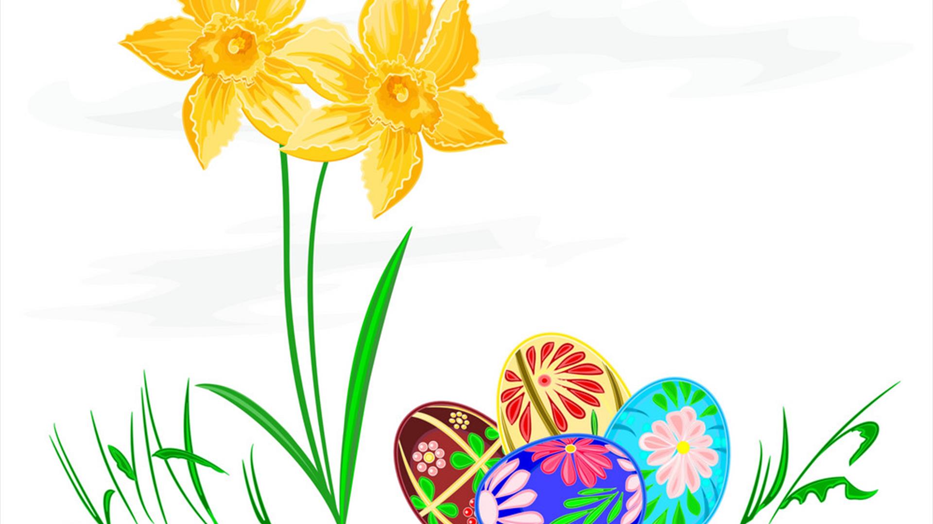 Image is of daffodils and Easter eggs