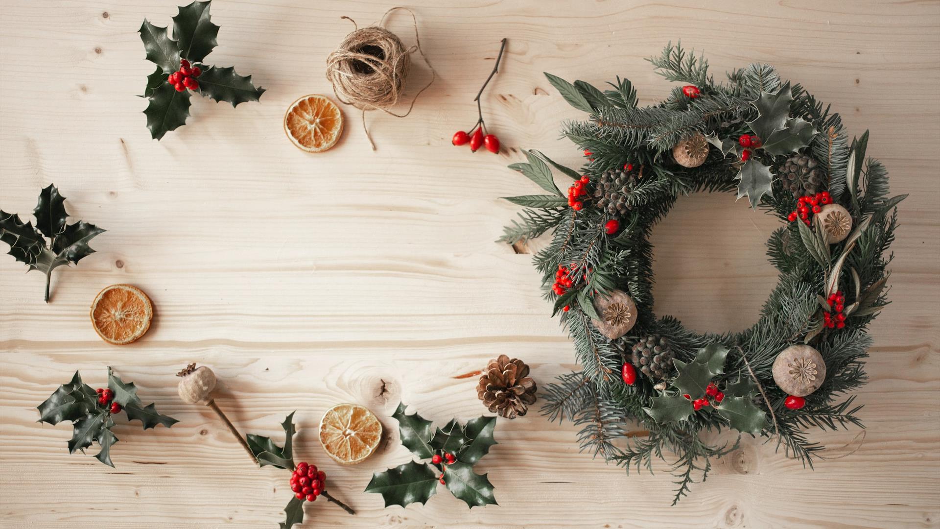 Christmas wreath in the process of being assembled