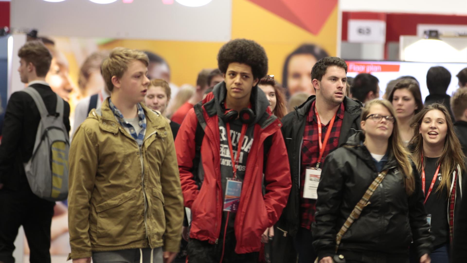 Image is of students at the UCAS event in the Eikon Exhibition Centre