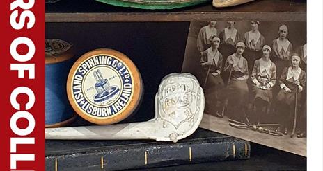 Image shows items in the exhibition including a sepia photograph of a group of women