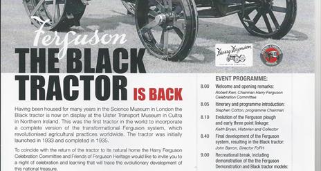 Image is of a Ferguson Black Tractor advertising the Harry Ferguson Lecture Night 2024