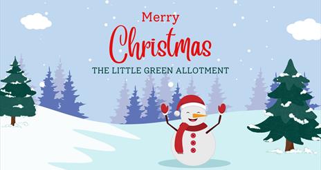 Image is of a snowy scene with snowman, Christmas trees and a Merry Christmas message