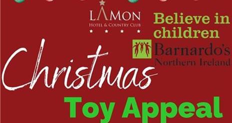 Image shows deep red poster with white and green text advertising the Christmas Toy Appeal at La Mon Hotel