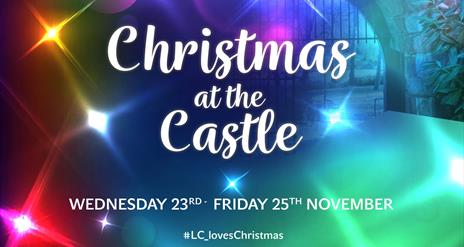 Colourful poster with Christmas Lights and shows an arch way to Castle Gardens, Lisburn