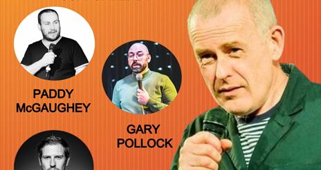 Image is of comedian Colin Murphy and other comedians at a show in Thornburys Lisburn