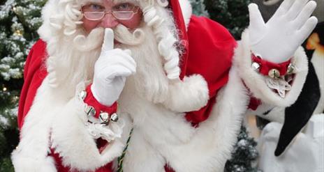 Image is of Santa Claus making a quiet gesture re the Quiet Grotto at Dobbies Garden Centre