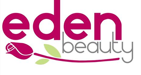 Image is the logo for Eden Beauty Lisburn with word Eden written in deep pink and beauty in light grey with a deep pink rose with green leaves illustr