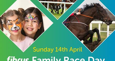 Image is of children's face painting  and horses jumping over steeples at Down Royal Racecourse