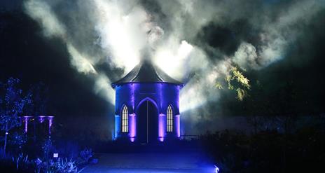 Image is of a Halloween scene in the Castle grounds with lights and smoke