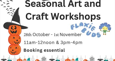 Poster shows image with 3 orange pumpkins stacked and written text advertising Halloween Children's Workshops