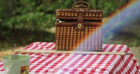 Image shows table covered with red check tablecloth and food hamper with rainbow shining on hamper