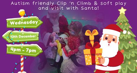 Image is a Christmas tree and Santa Claus carrying a present