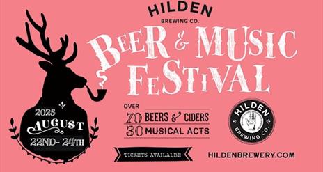 Hilden Beer and Music Festival Poster on pink background with Stag.