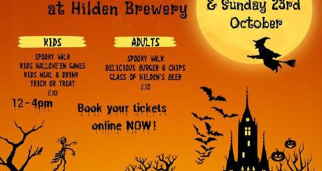 Image is of witches, haunted house and advertising the Halloween weekend at Hilden Brewery