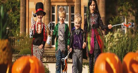 Children dressed in Halloween costumes and pumpkins outside Hillsborough Castle
