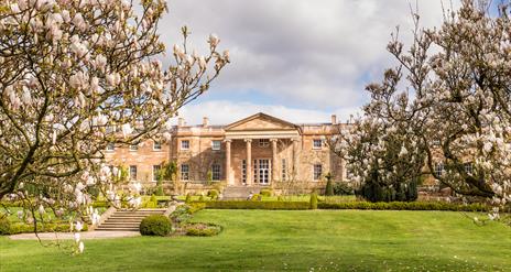 Image is the rear of Hillsborough Castle with trees and lawn in front