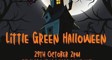 Image is of a night sky with a full moon and a haunted house and advertising Little Green Halloween event in Lisburn