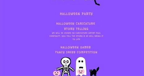 Image is of a post advertising Little Green Halloween. Purple background with a ghost, skeleton, bats, spider and webs plus a black cat