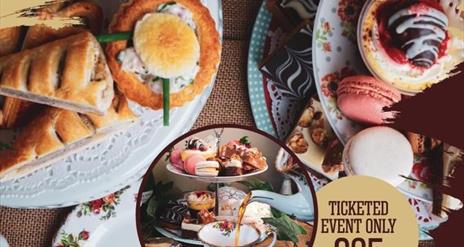 Image is of scones, cream, jam and pastries and tea