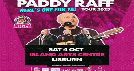 Image is poster of comedian Paddy Raff with microphone and guitar