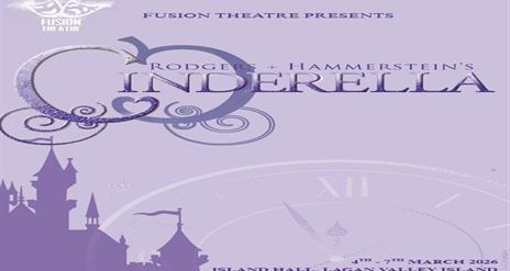 Image is purple background advertising Cinderella performed by Fusion Theatre