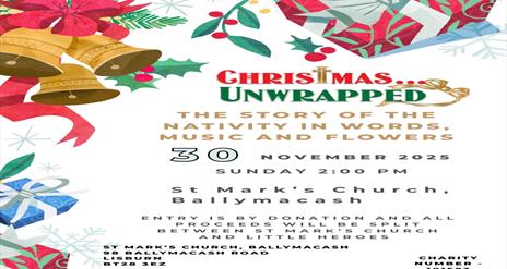 Image is of colourful poster featuring Christmas presents and bells at St. Mark's Church Lisburn Christmas Event