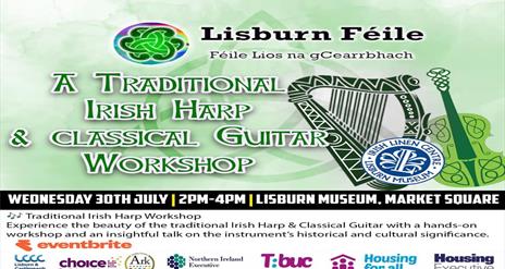Image is poster advertising a traditional Irish harp and classical guitar workshop in the Irish Linen Centre