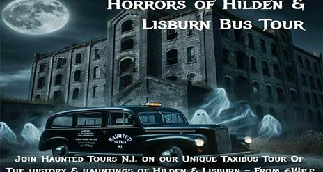 Image is a spooky scene of Hilden Mill Lisburn