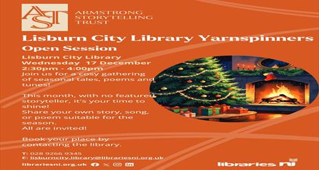 Image is poster advertising the Lisburn City Library Yarnspinners event