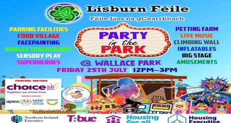 Image is poster of Party in the Park Lisburn Féile event in Wallace Park