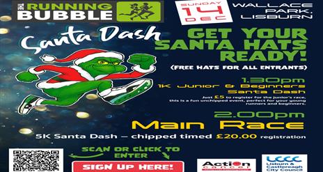 Image is of The Grinch at The Santa Dash in Wallace Park Lisburn