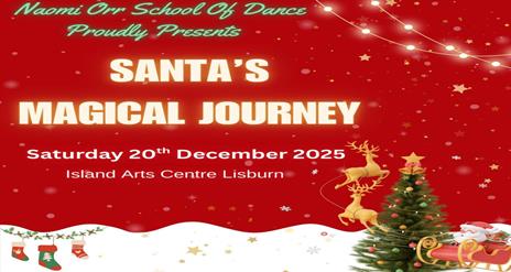 Image is of a winter scene with a Christmas tree and Santa sleigh ride