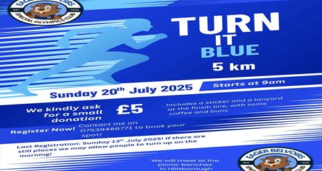 Image is of poster advertising Turn It Blue 5k run in Hillsborough Forest Park
