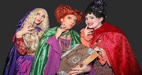 Image shows the Sanderson Sisters dressed in Halloween Costume