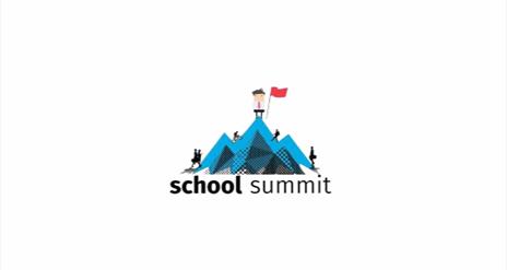 Image shows blue peak with man on top holding a red flag with written text below reading 'School Summit'
