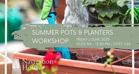 Sign for Summer Pots & Planters Workshop inside planter