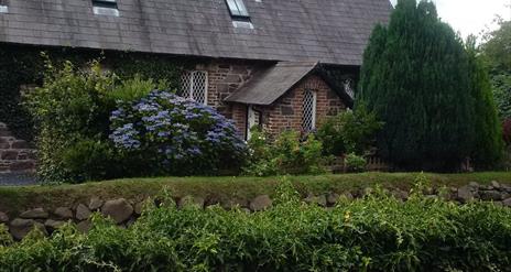 Image is of front of cottage with stone wall covered with plants and flowerbeds