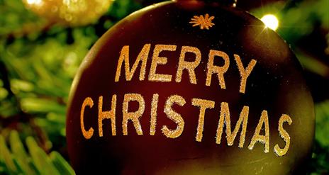 Merry Christmas bauble hanging on tree