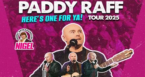 Image shows pink poster with white writing advertising Paddy Raff Here's one for Ya! Tour 2025