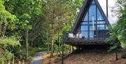 A luxury A-frame lodge set in peaceful woodland surroundings, overlooking a pond with a wooden rope bridge leading through the trees.