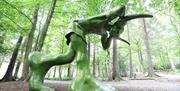 An image of Big Foot which sits within the forest as part of the Digital Sculpture Trail. Big Foot is green but the paint changes colour with the ligh