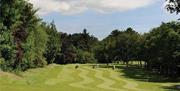 Image is of a golf course with players in the distance