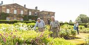 image is of visitors enjoying the gardens and inspecting the flowers and plants with the castle in the background