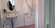 Image is of wet room with shower and wash basin with mirror above